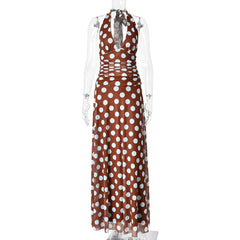 Polka Dot Deep V Neck Halter Maxi Dress