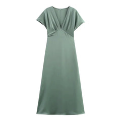 Satin V-Neck Flutter Sleeve Maxi Dress