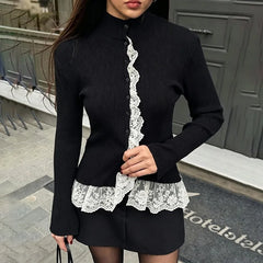 Ribbed lace trim mock neck top black