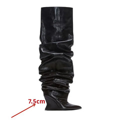 Ruched Wedge Heel Leather Boots