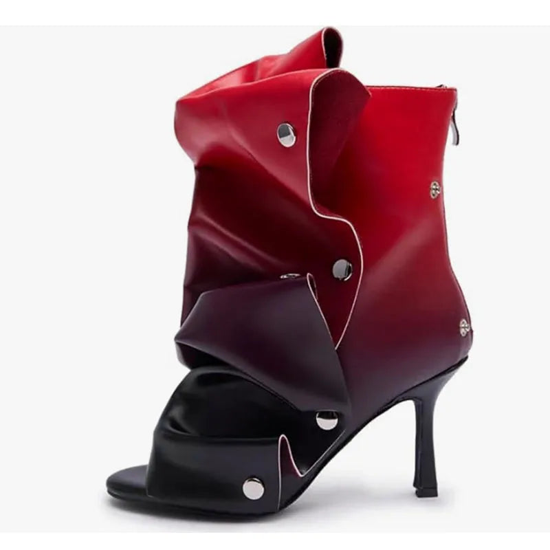 Peep toe stiletto heel boots in red and black ombre.