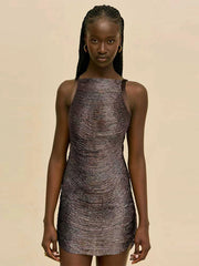 Ruched Metallic Thread Sleeveless Mini Dress