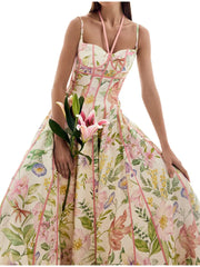 Strappy Corset Bustier Maxi Dress With Floral Motif