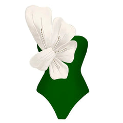 One-Piece Swimsuit With Pearl Embellishment and Matching Wrap Skirt