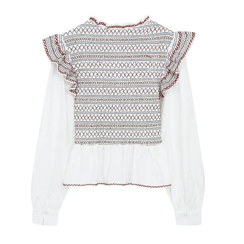 Embroidered Ruffle Mock Neck Long Sleeve Top - Back View