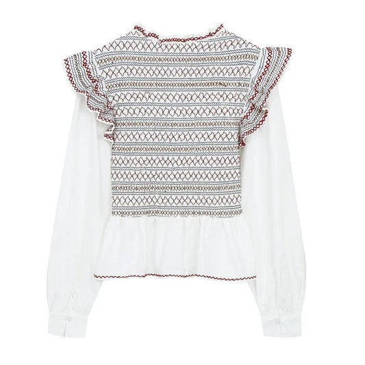 Embroidered Ruffle Mock Neck Long Sleeve Top - Back View