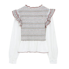 Embroidered Ruffle Mock Neck Long Sleeve Top - Back View