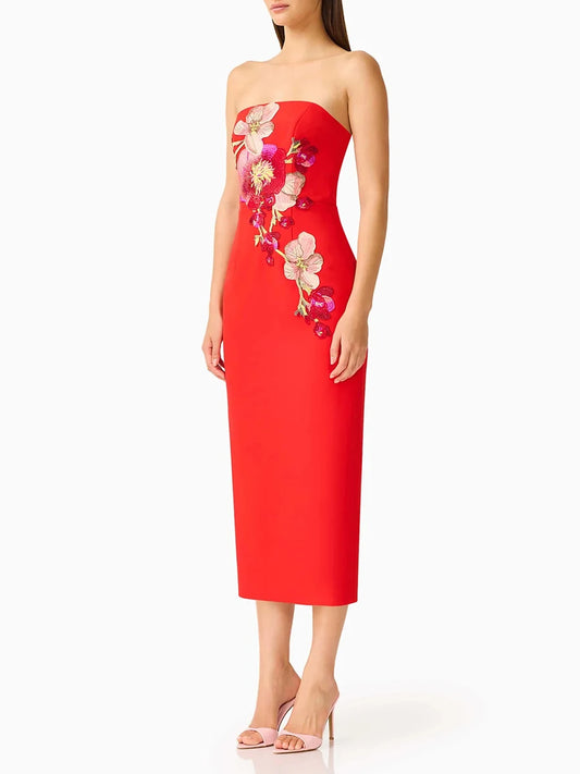 Midi Dress Strapless Floral Embroidery Side View