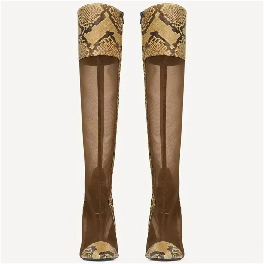 Pair of snake print mesh stiletto knee-high boots front view