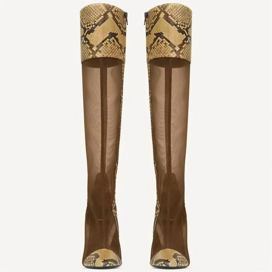 Pair of snake print mesh stiletto knee-high boots front view