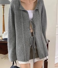 Gray Hollow-out Lace Up Knitted Cardigan