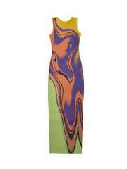 Front view of abstract print sleeveless maxi dress