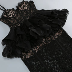Black Sheer Lace Corset and Flounce Skirt Hem Maxi Dress