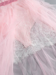Pink V-Neck Ruffle Tulle High Slit Dress