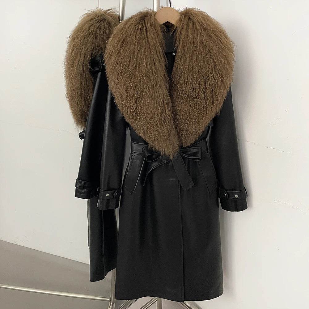 Long black faux leather belted coat with a lighter brown fur collar.