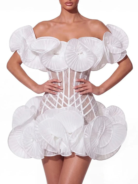 Off shoulder ruffle mini dress front with hands on hips