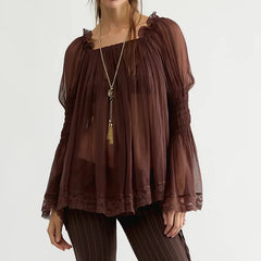Sheer Chiffon Smocked Cuff Blouse
