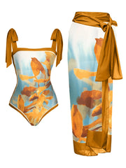 Floral Print Tie-Strap Bikini and Sarong Set