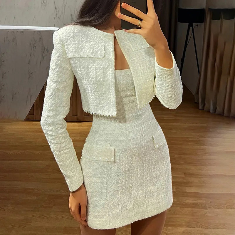 Pearl Long Sleeve Coat And Mini Strapless Dress Sets