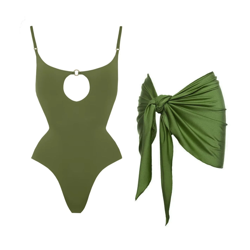 Cutout monokini and draped skirt swimwear set in green