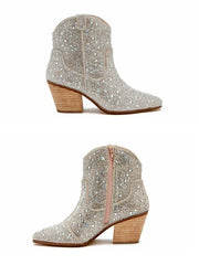 Pair of sparkling cowboy boots with wooden soles on a white background