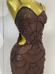 Pearl Beaded Sequins Spaghetti Strap Bodycon Long Dress