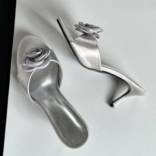 Silver flower embellished kitten heel mules