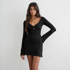 Black ribbed v-neck mini dress with long bell sleeves