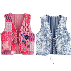 Pink patchwork floral print quilted vest