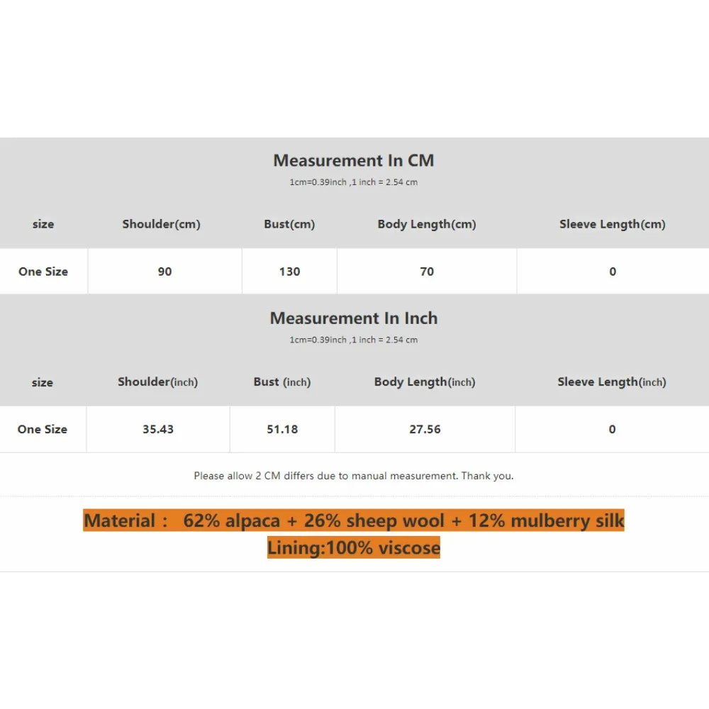 Measurement chart for clothing with size chart in centimeters and inches, material information, and a note on measurement tolerance.