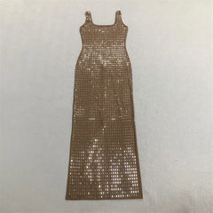Flat lay of a floor-length dress adorned with crystals