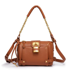 Tan structured leather bag with gold lock detail and chain strap