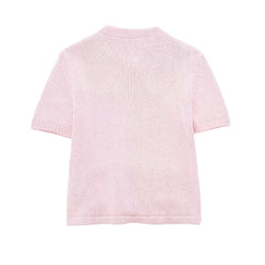 Women's pink short sleeve rhinestone cardigan with pockets.

