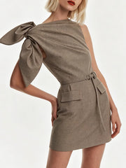 Asymmetric bow shoulder mini dress detail