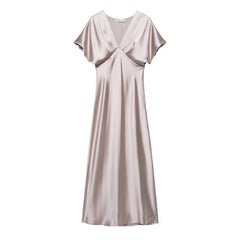 Satin V-Neck Flutter Sleeve Maxi Dress