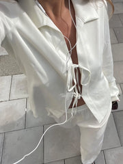 Satin Tie Front Long Sleeve Blouse Top