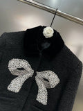 Velvet Lapel Long Sleeved Diamond Studded Bow Tweed Jacket