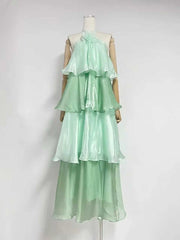 Green 3D Flower Halter Neck Tiered Maxi Dress
