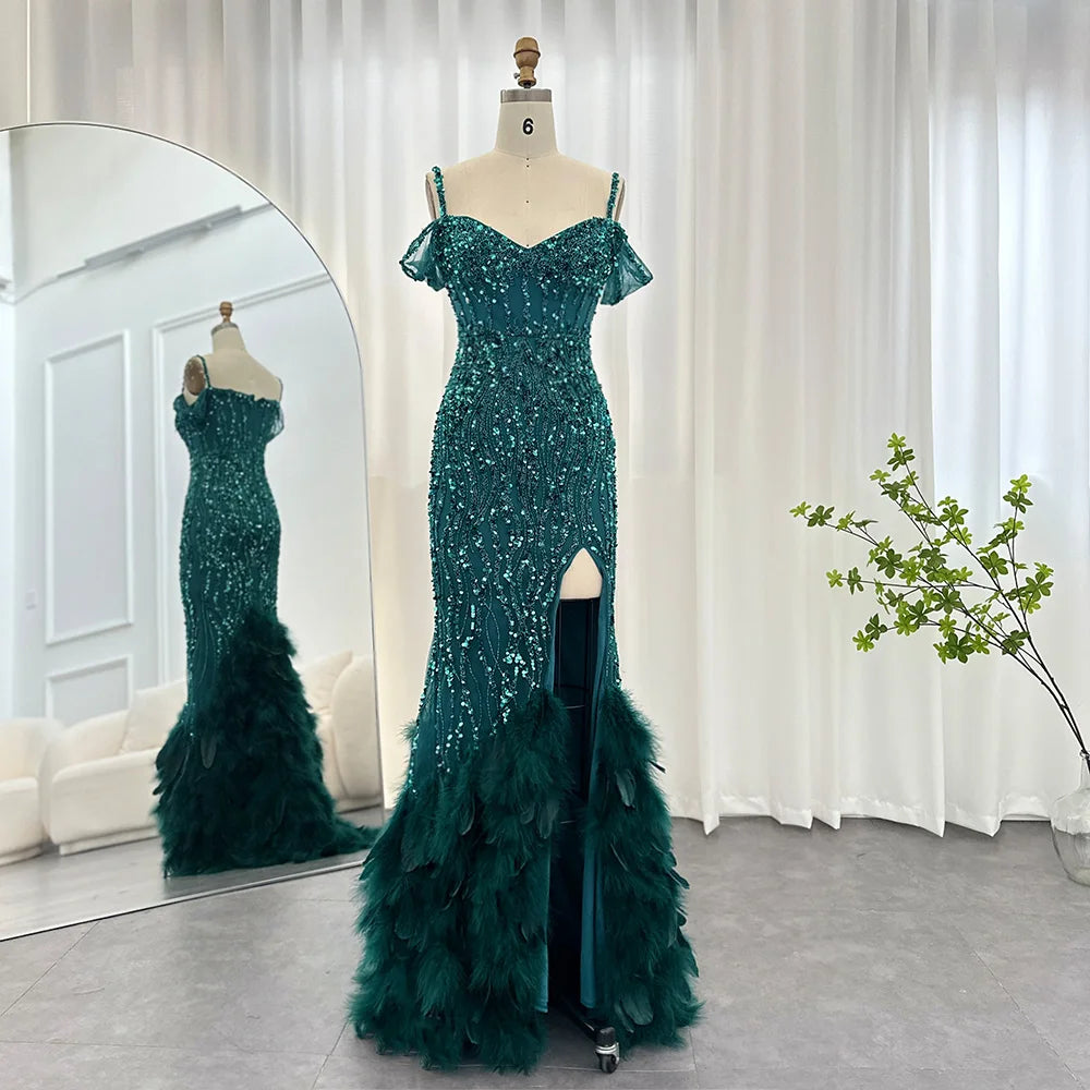 Green Feathers Spaghetti Straps Slit Evening Dress