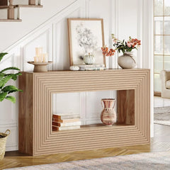Wooden console table with decorative items in a living room setting