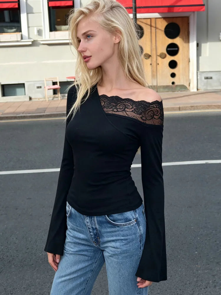 Black lace trim asymmetrical neckline flare sleeve top