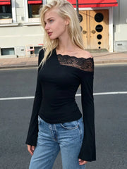 Black lace trim asymmetrical neckline flare sleeve top