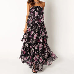 Floral strapless dress with purple and pink flowers on a white background