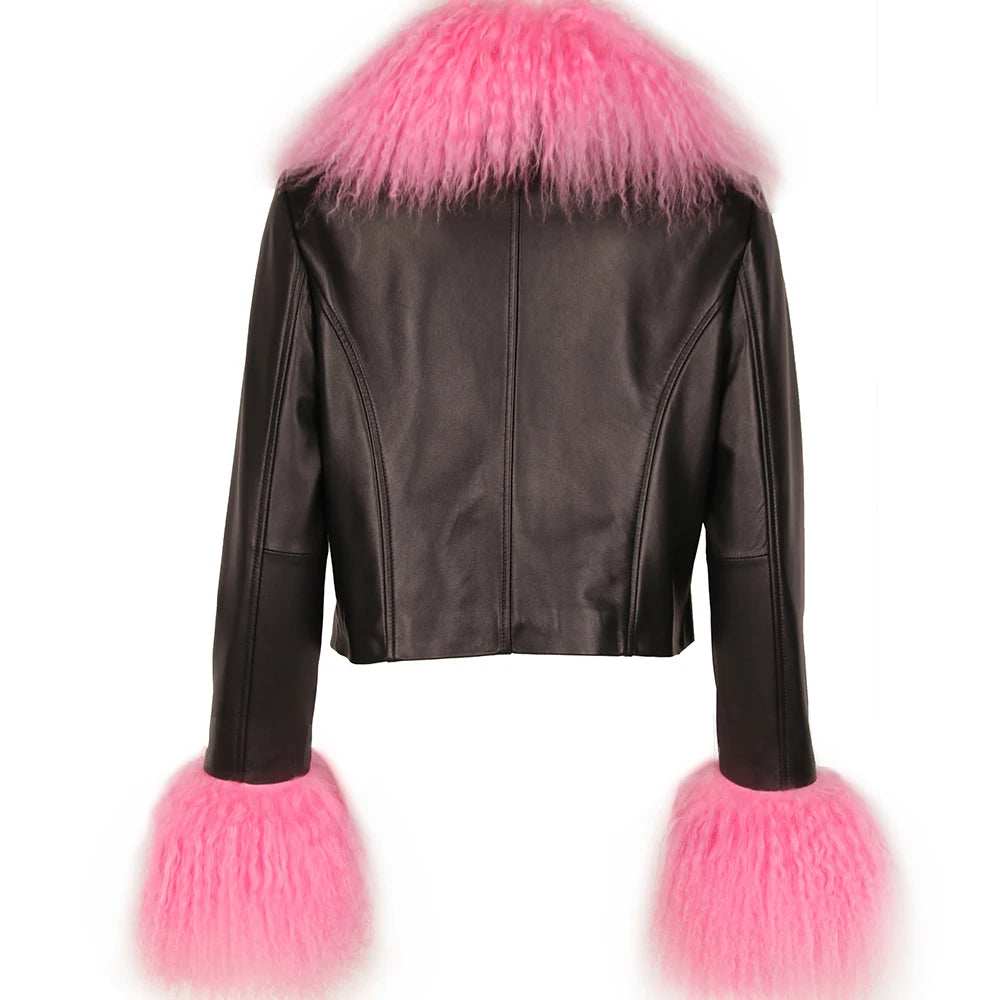 Black leather jacket with pink fur trim - back