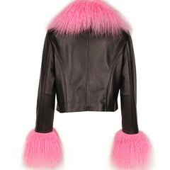 Black leather jacket with pink fur trim - back