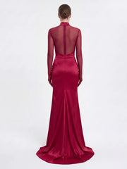 Mesh High Neck Twisted Cutout Ruched Gown with Gloves