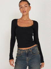 Square neck lace trim crop top in black