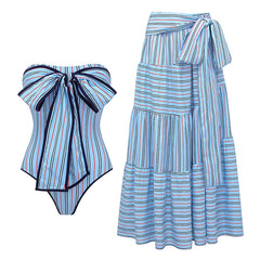 Blue Striped Bow One Piece Swimsuit and Cover-up