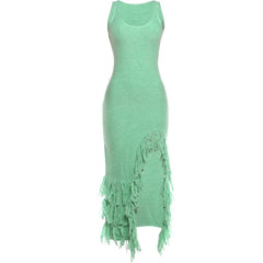 Scoop Neck Sleeveless Tassel Hem Knit Sheath Mid-Calf Dress