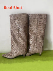 Kitten Heel Crocodile Pattern Boots